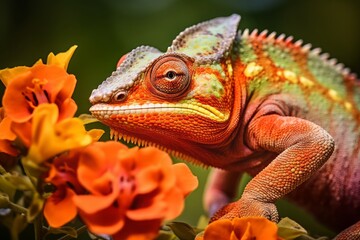 Fototapeta premium Beautiful chameleon on the flower, close-up