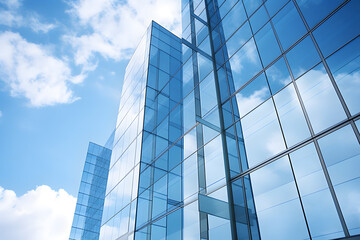Close-up of the exterior of a modern glass skyscraper reflecting the blue sky and clouds.