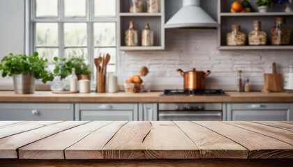 empty wooden table with kitchen in background