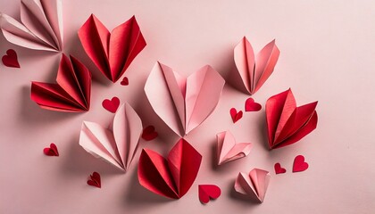 mother s day concept top view photo of pink and red origami paper hearts on pastel pink background with blank space