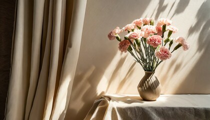 carnation flowers bouquet in vase on neutral beige empty wall and linen curtain with aesthetic floral sunlight shadow background spring or summer home interior decor - obrazy, fototapety, plakaty