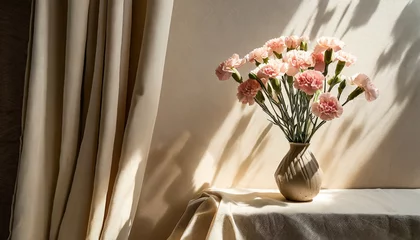 Foto op Canvas carnation flowers bouquet in vase on neutral beige empty wall and linen curtain with aesthetic floral sunlight shadow background spring or summer home interior decor © Ashley