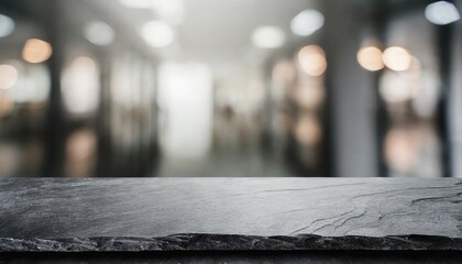 black stone table top and blurred bokeh office interior space background can used for display or...
