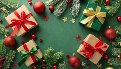 christmas concept top view photo of gift boxes with ribbon bows green red baubles gold star ornaments mistletoe berries and pine branches on green background with copyspace in the middle