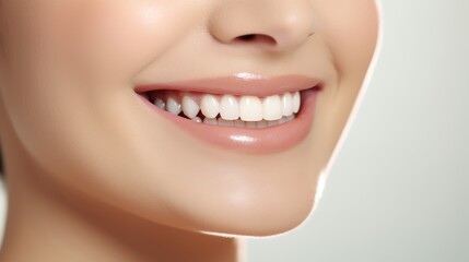 Fototapeta premium Beautiful woman's smile with healthy white, straight teeth close-up on light background with space for text