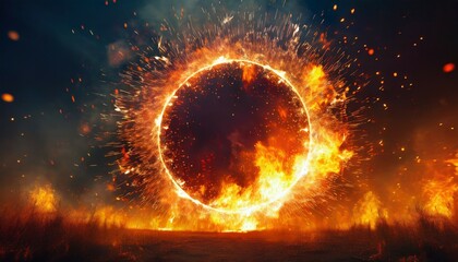 big circle with flames burning a huge fire exploded sparks on a dark background