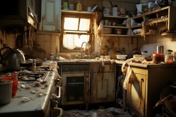Jumbled Kitchen messy dirty. Unclean wash. Generate Ai