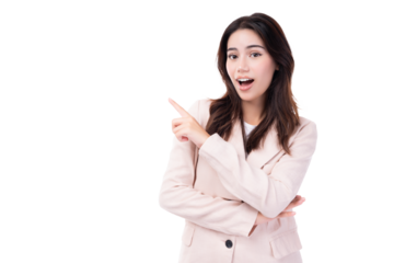 Beautiful young business woman pointing up to copy space and looking at camera with smile face and happy Pretty girl act like a satisfied product, use for advertising with isolated on pink background