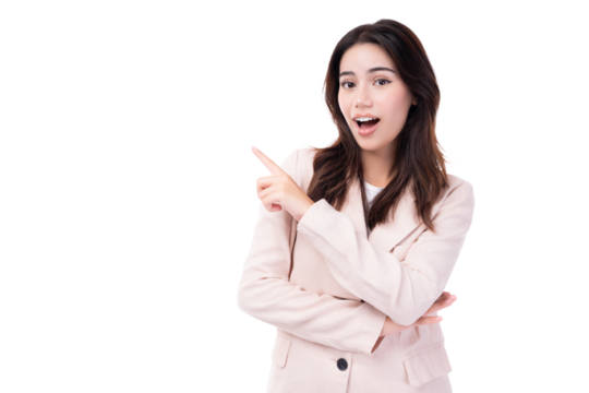 Beautiful young business woman pointing up to copy space and looking at camera with smile face and happy Pretty girl act like a satisfied product, use for advertising with isolated on pink background