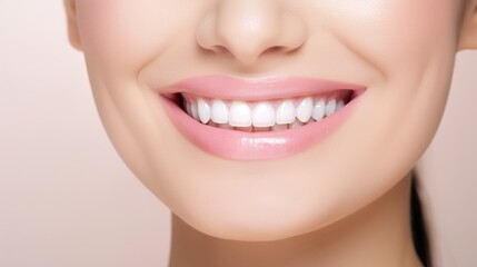 Fototapeta premium Beautiful woman's smile with healthy white, straight teeth close-up on light background with space for text
