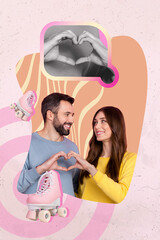 Magazine picture collage image of happy smiling couple showing arms hear enjoying 14 february isolated creative background