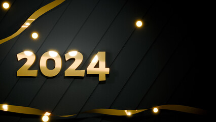 3d rendering of new year 2024, golden ribbons and lights that reflect a festive aura and luminous sparkles on a contrasting black background, horizontal format, top view
