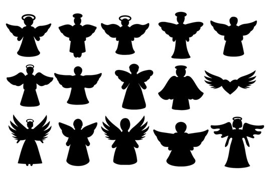 Set of silhouettes of Christmas angels isolated on a white background. Vector illustration