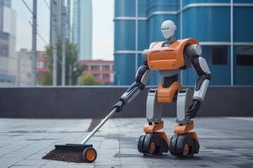 Robotic outdoor street cleaner efficiently tidying and washing outdoors, illustrating the concept of artificial intelligence. Robotics cleaning tasks cause potential job displacement. - obrazy, fototapety, plakaty