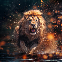 Naklejka premium A fierce lion running across the river