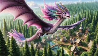 Enchanted Dragon Over Fantasy Village
