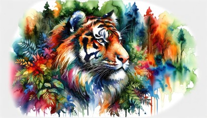 Watercolor Tiger in Forest