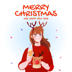 Christmas and New Year's party. Woman having fun. vector illustration