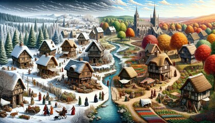 Medieval Village Through the Four Seasons