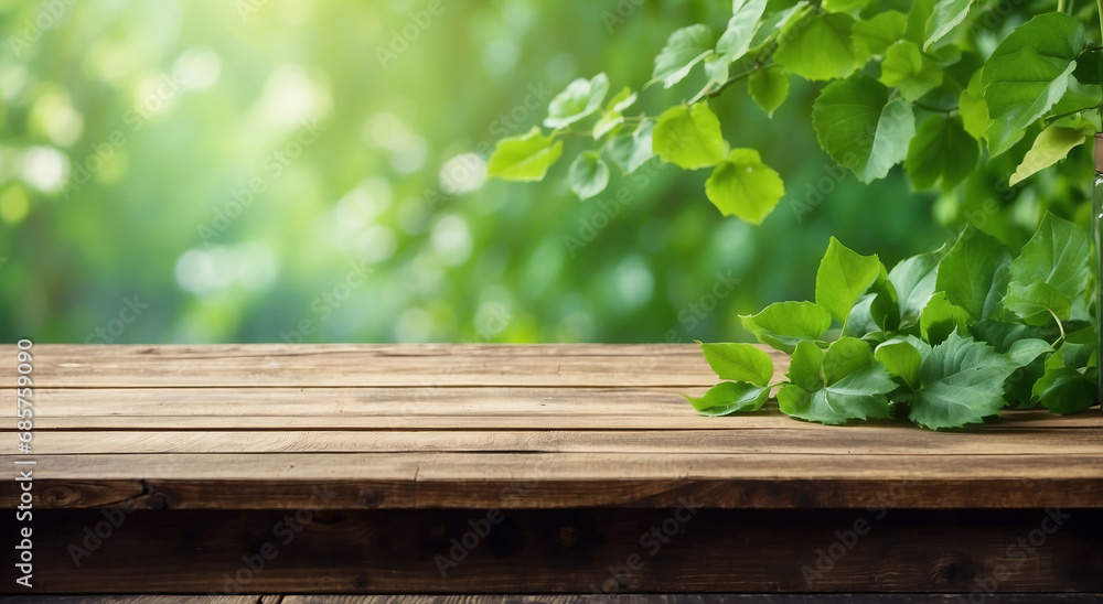 Poster simplicity and nature: an empty wooden table adorned with green leaves, providing ample space for te