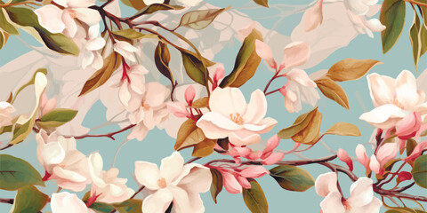 Seamless vintage pink wallpaper pattern background design art spring decorative blossom floral flower - obrazy, fototapety, plakaty