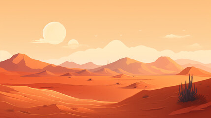 Naklejka premium 2D flat vector of sahara desert during afternoon. The scorching sunlight makes the desert atmosphere very hot. 