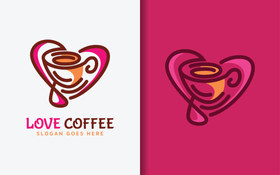 Love Coffee Logo Design. Abstract Minimalist Love Shape Combined with Coffee Mug Design Concept. Flat Vector Logo Illustration.