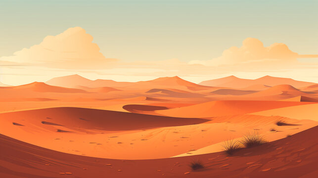 2D flat vector of sahara desert during afternoon. The scorching sunlight makes the desert atmosphere very hot. © Aisyaqilumar