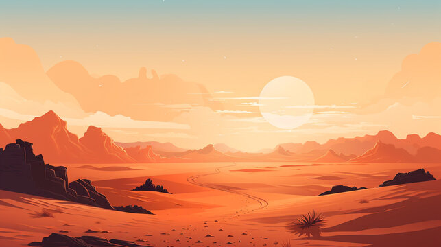 2D flat vector of sahara desert during afternoon. The scorching sunlight makes the desert atmosphere very hot.
