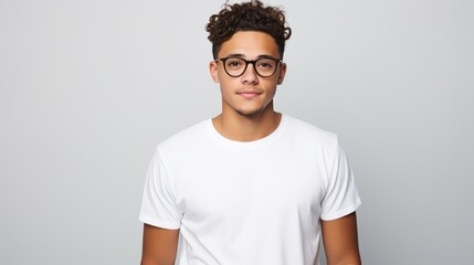 Fototapeta premium Attractive young Mexican man wearing a white t-shirt and glasses. Isolated on white background.