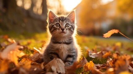 Naklejka na ściany i meble A Cute kitten playing with yellow autumn leaves at sunset. the backyard The background of the photo is a relaxing environment in the backyard.
