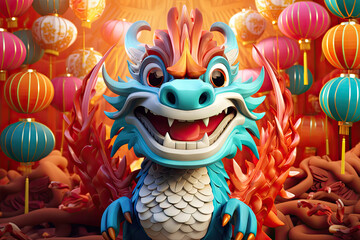 cute 3d cartoon Chinese dragon with lanterns and fans, new year background