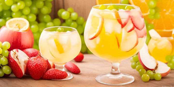 White Wine Sangria: wine, coconut water, pear nectar and orange liqueur Stir in apple, two-thirds of the orange slices, strawberries, green grapes and red grapes on the wooden table with bokeh lights 