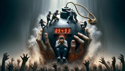 Cinematic Digital Art of Person Under Peer Pressure: Symbolic Timer Bomb Depicting Urgency and Mental Health in Contemporary Society - obrazy, fototapety, plakaty