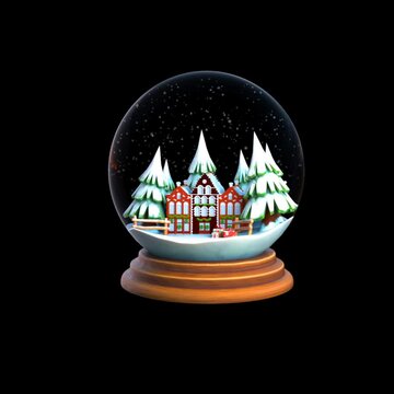 3D Animated Scene Of Swinging Snow Globe With Snow Covered Houses Surrounded With Trees In Transparent Background.