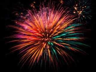 Fototapeta premium Big colorful firework on black isolated background, AI Generative