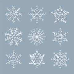 Fototapeta na wymiar Set of hand drawn silhouettes of snowflakes on a white background. Winter design elements, vector