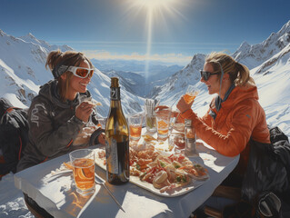Skiers sit on the terrace of a mountain hut in the snow after a ski tour, Ai generated