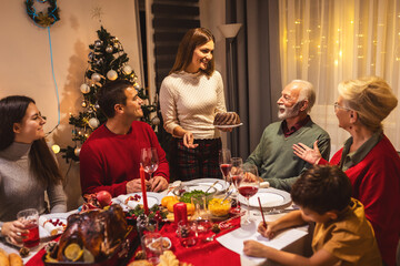 Mother brought tasty cake on the dining table. Family celebrating Christmas.