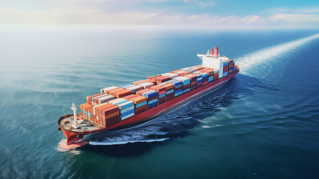 big container vessel sailing by the sea