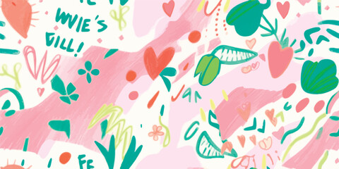 Colorful hand drawing pink green elements, flowers, shapes and text in the style of risograph native art, abstract psychedelic art, a pencil drawing, vector seamless pattern
