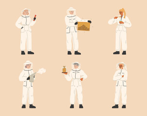 Isolated set of hiver characters wearing bee protection suit