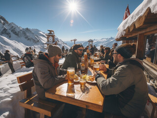 Skiers sit on the terrace of a mountain hut in the snow after a ski tour, Ai generated - obrazy, fototapety, plakaty