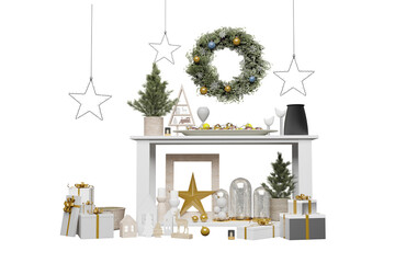 Christmas decoration with Christmas tree on Table on white background, 3d render