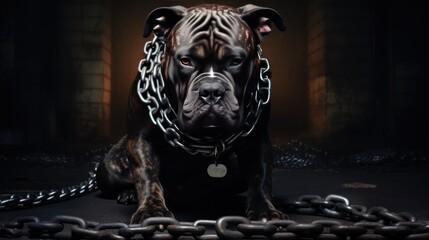 American Pit Bully dog with fierce and muscular muscles in a room with chains. The background of the photograph is a oppressive and confined environment. There is some smoke in the background. - obrazy, fototapety, plakaty
