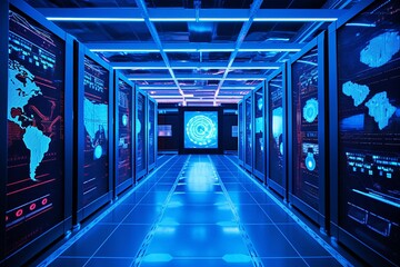 View of a corridor in a fully operational data center, displaying a high-danger skull icon visualization and rack servers and supercomputers. - obrazy, fototapety, plakaty