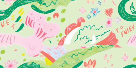 Colorful hand drawing pink green elements, flowers, shapes and text in the style of risograph native art, abstract psychedelic art, a pencil drawing, vector seamless pattern
