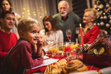 Tasty turkey on the dining table. Family Christmas dinner.