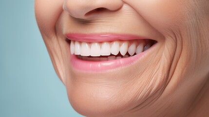 Obraz premium Beautiful elder woman's smile with healthy white, straight teeth close-up on light background with space for text