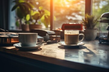 Morning coffee setup with sunlight in cozy kitchen. Breakfast and relaxation.